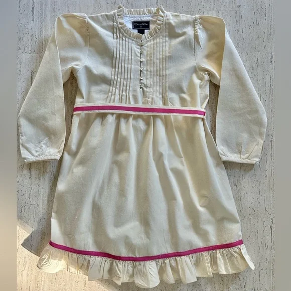 Oscar de la Renta Girl’s Pintuck Ruffle Trim Dress in Cream and Pink, Size 8Y